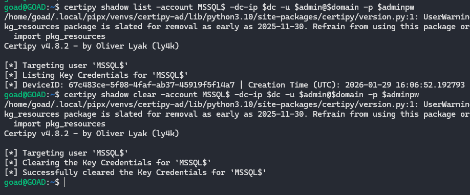 Use certipy to remove key credentials from targeted machine account