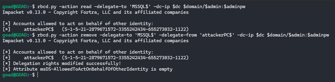 Listing the affected RBCD accounts of the target machine and clearing all present